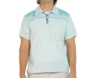 1950S Aqua Blue Cotton Men's Atomic Geometric Print Shirt
