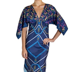 Morphew Collection Navy Blue Silk Twill Hermes  Cartier 3-Scarf Dress Made From Vintage Scarves