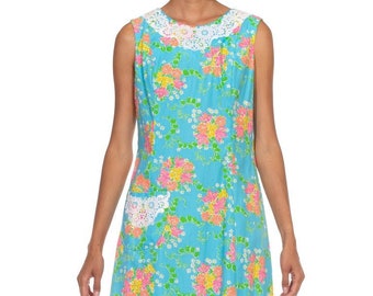 1960 Lilly Pulitzer Azul Floral Vestido Estampado de Algodón Orgánico