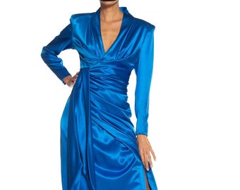 1980S Givenchy Electric Blue Haute Couture Silk Double Faced Satin Sleeved Gown With Slit  Sash