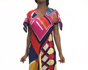 MORPHEW COLLECTION Pink & Blue Silk Poly Bias Cut Scarf Kaftan Dress Made From 1970'S Geometric Scarves