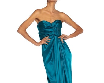 1980S Yves Saint Laurent Teal Haute Couture Silk Satin Draped Strpless Gown