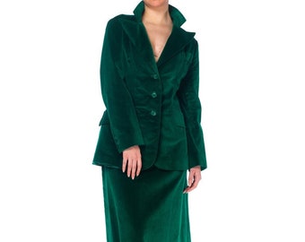 1970s Algodón verde Terciopelo Maxi Falda Traje XL