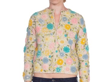 1950/60'S  Hand Embroidered Sequin Floral Cardigan