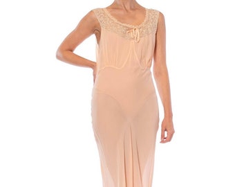 1930S Blush Pink Bias Cut Silk Chiffon Sheer Slip Dress DressNegligee With Drawstring Ribbon Lace Neckline