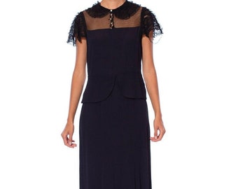 1930S Black Silk Crepe Jacquard Dress With Sheer Net Yoke  Lace Ruffle Sleeves