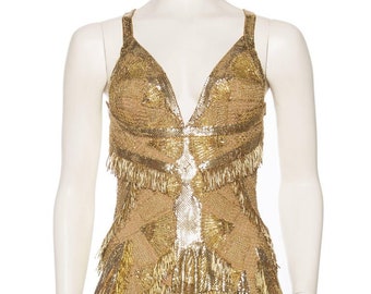 MORPHEW COLLECTION Gold Lace & Metal Mesh Fringed Cocktail Dress