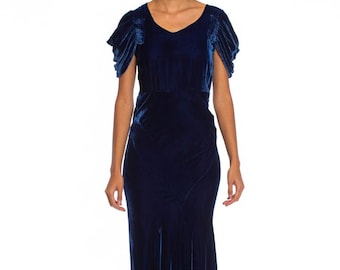 1930S Sapphire Blue Bias Cut Silk Velvet Draped Cap Sleeve Gown