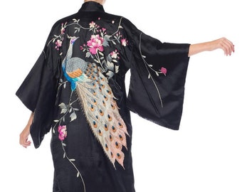 1900S Hand Embroidered Silk Antique Edwardian Peacock  KimonoRobe