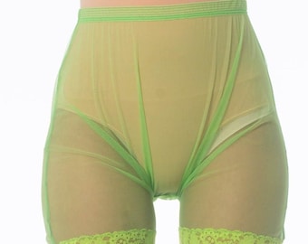 1990S GIANNI VERSACE Lime Green Nylon Net Sheer Bike Shorts With Lace Hem