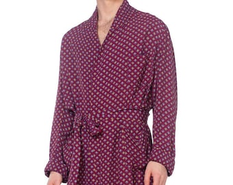 1940S Burgundy Rayon Geometric Printed Mens Robe