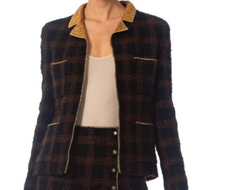 1990S CHANEL Black & Brown With  Gold Lamé Wool Mini Skirt Suit Lined In Silk