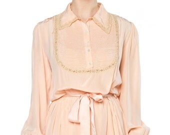 1930S Peach Bias Cut Silk Crepe De Chine Slip Dress With Sleeves & Belt