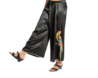 1930S Black Silk Satin Pajama Lounge Pants With Amazing Embroidered Parrots