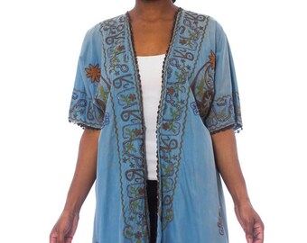 1920S Dusty Blue Silk/Cotton Blend Antique Hand Dyed Short Sleeve Mesopotamian Kimono Kaftan With Metallic Embroidery