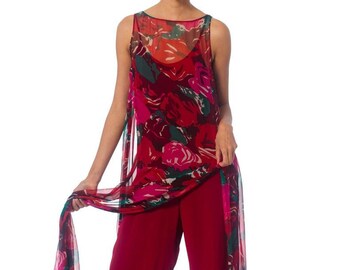 1970S Cranberry Red Rayon Jumpsuit With Floral Silk Chiffon Duster Overlayer