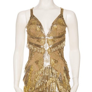 MORPHEW COLLECTION Gold Lace & Metal Mesh Fringed Cocktail Dress