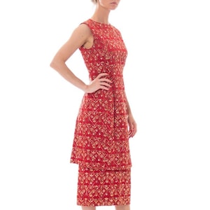 1960S Red Silk Satin Cocktail Dress Covered In Medieval Style Metallic Gold Embroidery image 1