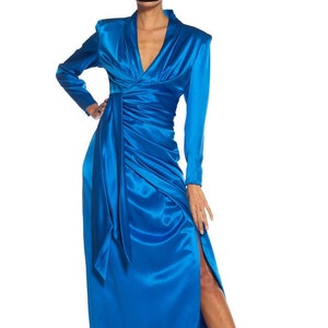 1980S Givenchy Electric Blue Haute Couture Silk Double Faced Satin Sleeved Gown With Slit Sash image 1