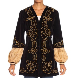 1900S Antique Black Cotton Velvet Medieval Theatrical Costume Jacket With Gold Braid Details image 1