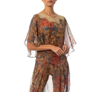 1920S Earth Tone Floral Silk Mousseline Dress With Lace Collar & Caped Bodice image 1