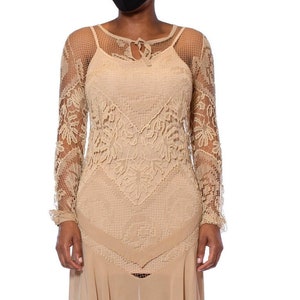 1920S Beige Handmade Lace Silk Chiffon Dress With Long Sleeves image 1