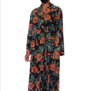 1940S Navy Blue Cotton Flannel Orange Floral Duster Robe image 1