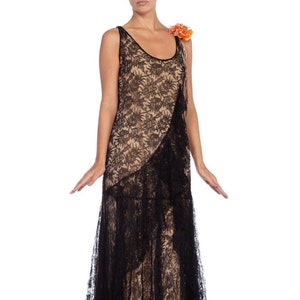 1920S Black Silk Chantilly Lace Flowy Cocktail Dress With Original Slip And Flower Corsage image 1