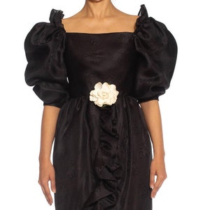1980S Givenchy Haute Couture Silk Poof Sleeved Ruffled Cocktail Dress With A White Flower image 1