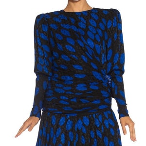 1980S Givenchy Black Blue Haute Couture Silk Jacquard Draped Cocktail Dress With Sleeves image 1