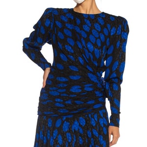1980S Givenchy Black Blue Haute Couture Silk Jacquard Draped Cocktail Dress With Sleeves image 2