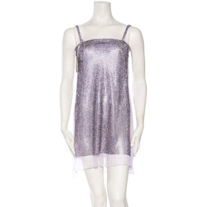 1990S GIANNI VERSACE Lilac Silk Chiffon & Crystal Metal Mesh Cocktail Dress With Full Side Slits