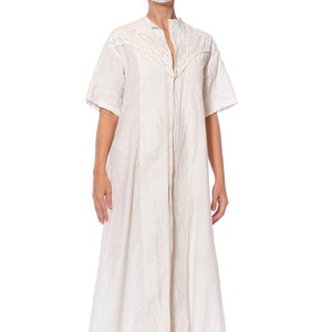 Victorian Off White Hand Embroidered Organic Linen Short Sleeve Nightgown Duster Dress image 1