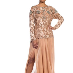 1980S GALANOS Blush Pink Silk Crystal & Sequin Beaded Lace Blouse With Chiffon Pants Evening Ensemble image 1