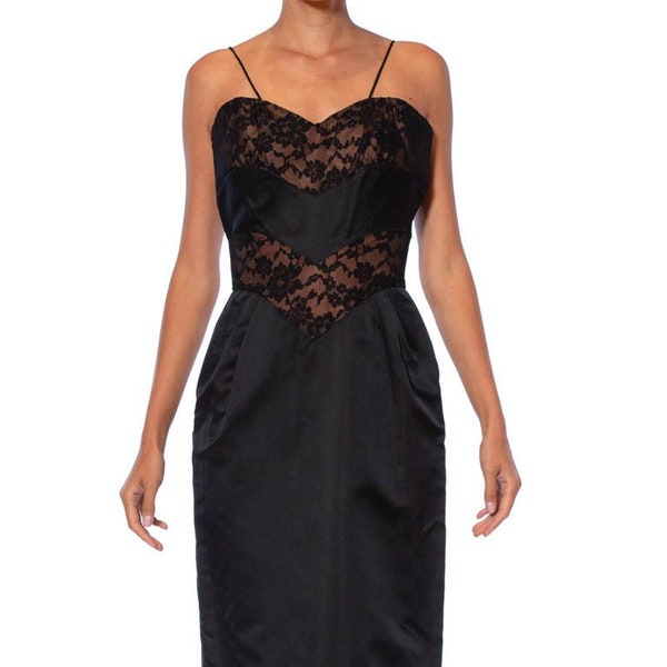 1950'S DON LOPER Black Silk Duchess Satin Cocktail Dress With Sheer Illusion Lace Panels
