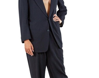 Jaren 1990 Donna Karan marineblauwe wolmix crêpe op maat gemaakte broekpak