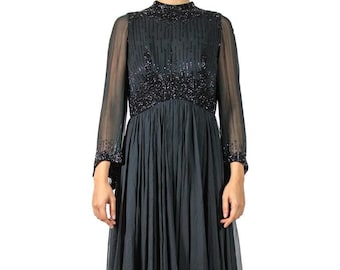 1960S Black Beaded Silk Chiffon Demi-Empire Waist Gown With Bell Sleeves