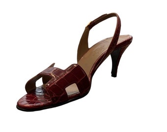 1990S HERMES Red Aligator Peep Toe Sandle Shoes Dead Stock