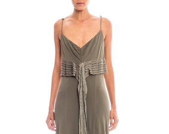 1990S GHOST Olive Green Bias Cut Rayon Chiffon Gown