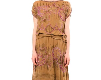 1920S Khaki Silk Cocktail Dress With Pink & Gold Beadwork