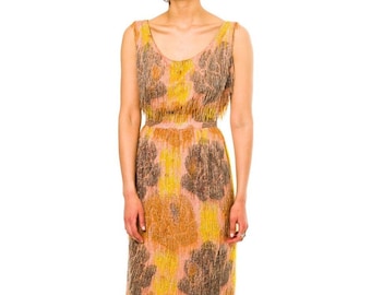 1950S CARVEN Amber Haute Couture Silk Taffeta Handwoven Floral Ikat Cocktail Dress Covered In Beaded Fringe