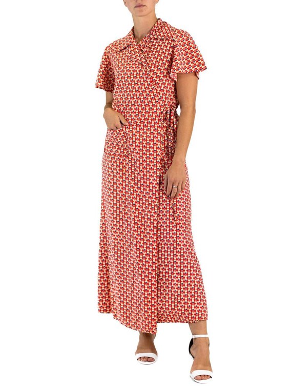 1940S Red Cotton Yellow Dot Print Wrap House Dress - image 7