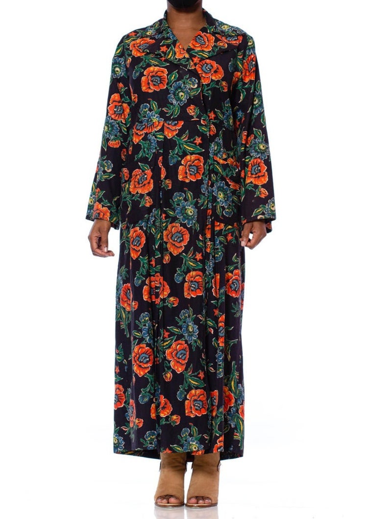 1940S Navy Blue Cotton Flannel Orange Floral Duster Robe image 8