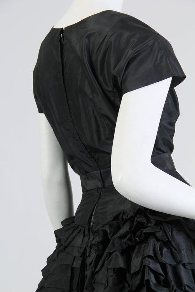 1950S PAULA WHITNEY Black Haute Couture Silk Taffeta Amazing Ruffled Poof Ball Skirt Cocktail Dress image 8