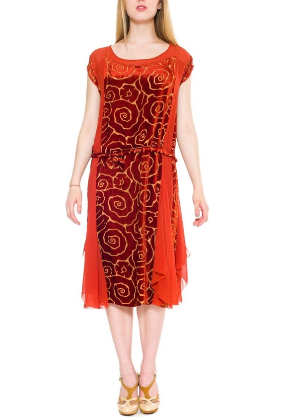 1920S Orange Floral Silk Burnout Velvet  & Chiffon