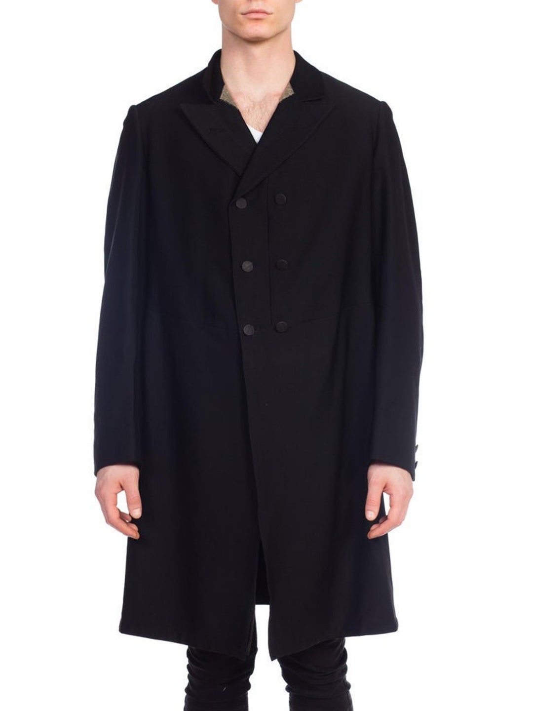 Victorian Black Wool Men's 1890S Double Breasted Frock Coat Large