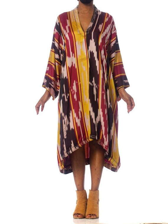 Burgundy Ikat Gold Short Sleeve Kaftan