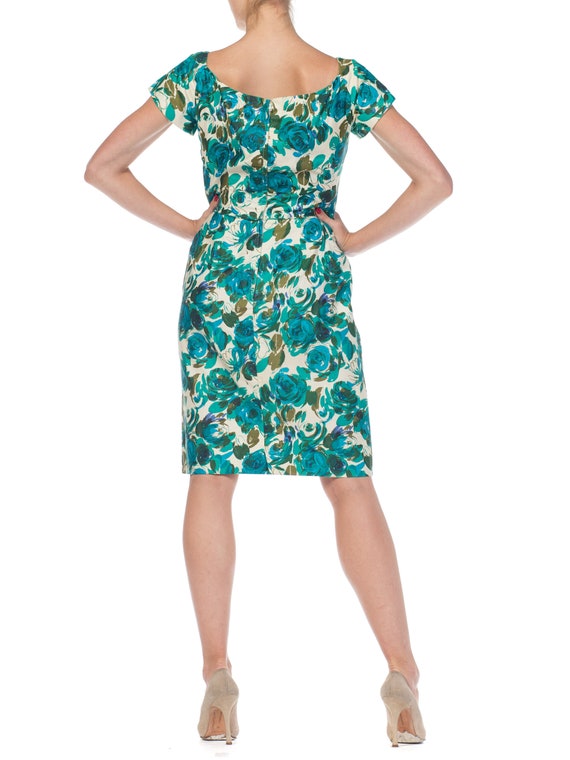 1950S Teal Floral Print Cotton Draped Bodice Dres… - image 7