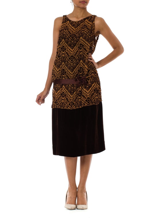 1920S Brown Silk Burnout Velvet Devoré Drop Waist 