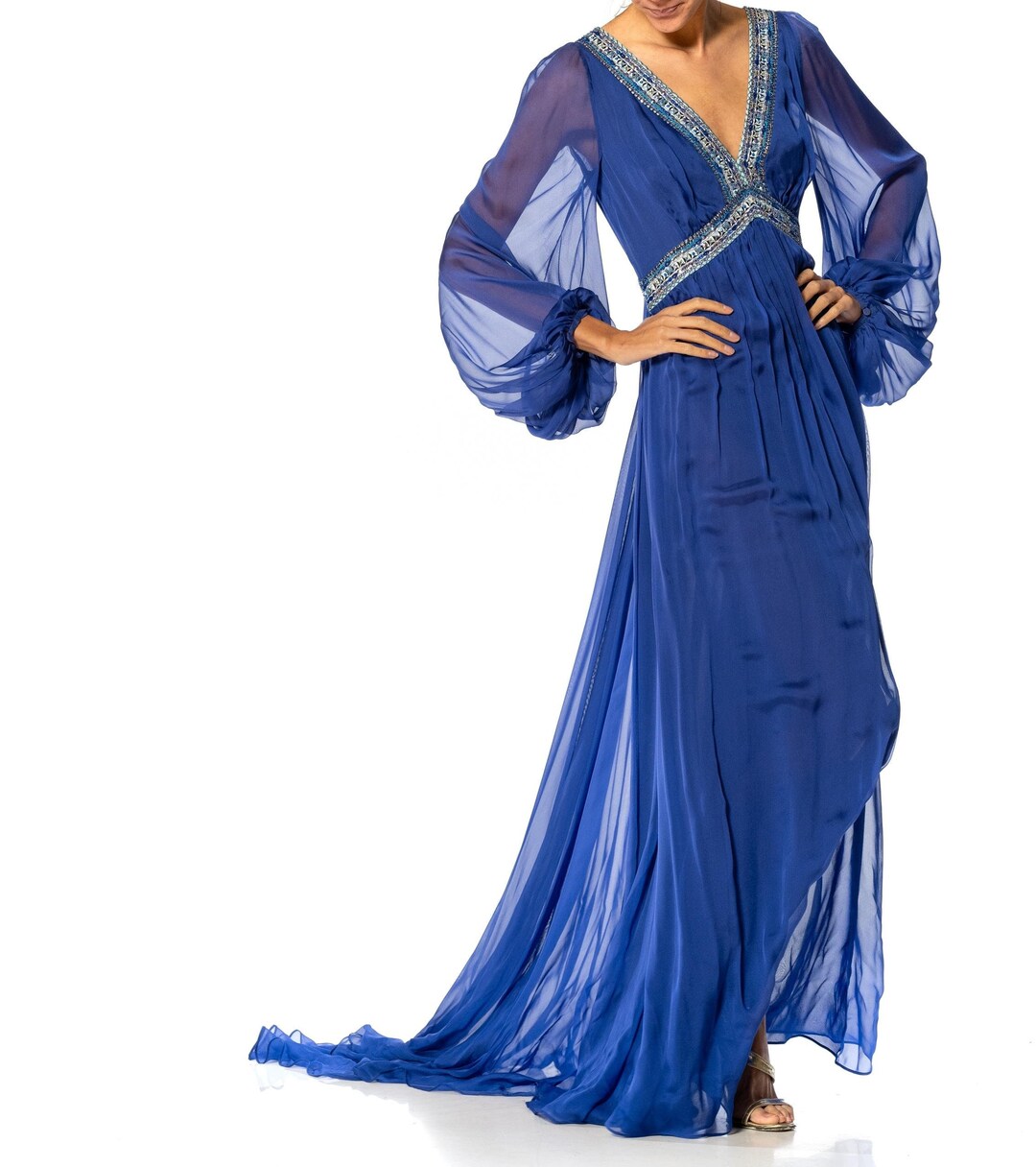 emilio pucci beaded dress 2000S Cobalt Blue Silk Chiffon Sleeved Gown With Print Details Young Girls Partywear | D503ACLDBL Color:Light Ivory